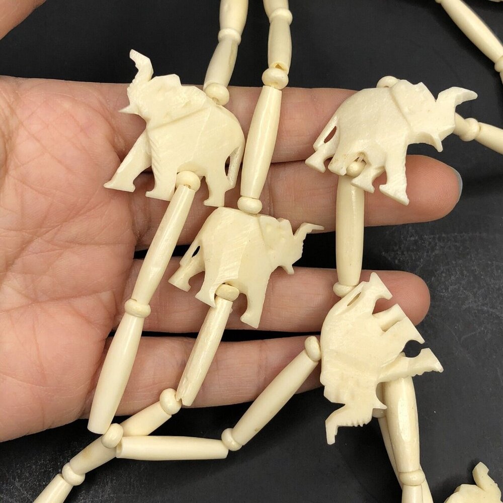 Tribal Boho Gypsy Fetish Carved Ivory Bead Elephant Necklace 3 Strands Engraved - Picture 7 of 11